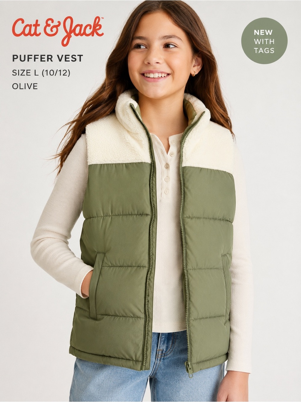 NWT Cat & Jack Olive Sherpa Yoke Puffer Vest Kids L 10/12 Green Winter